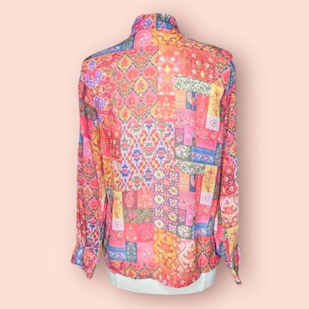 Pink Semi-Sheer Patchwork Print Blouson Sleeve Ti… - image 3